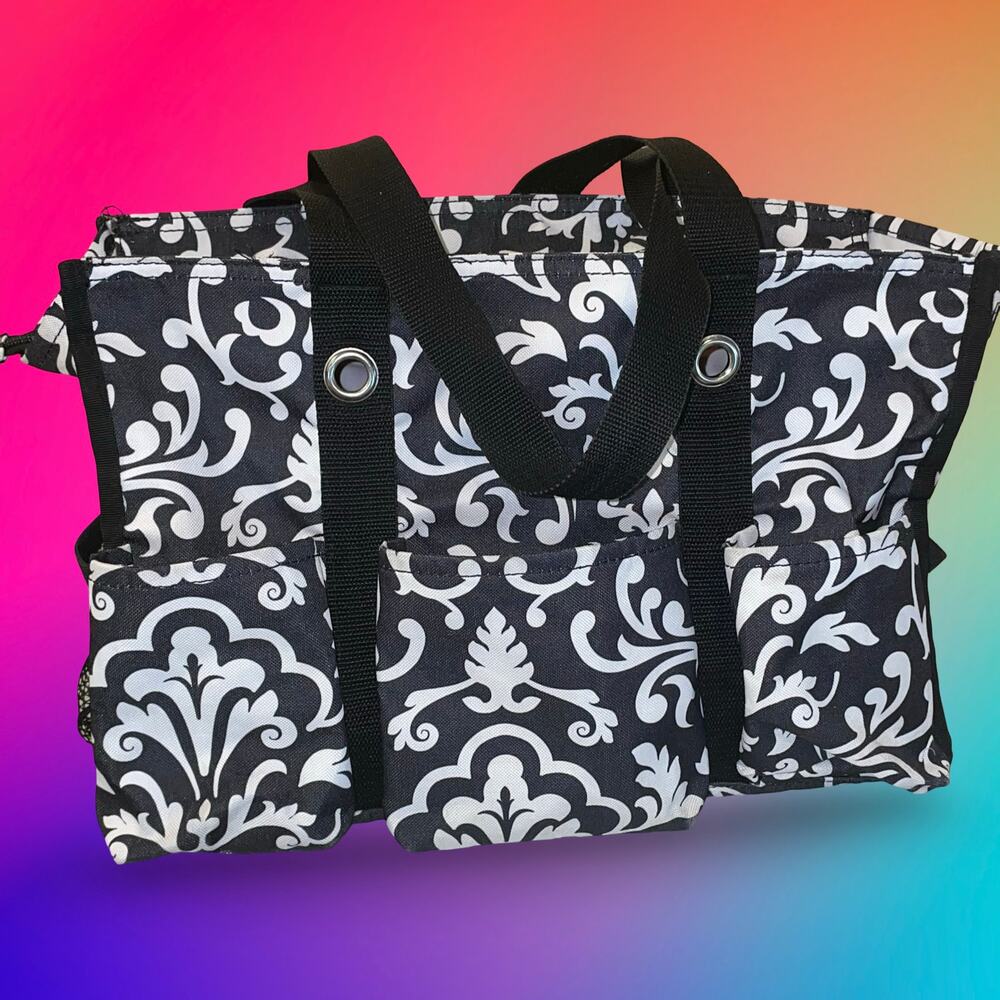 Thirty-One Organizing Utility Tote Bag 15" Mini Parisian Pop Black White Zip Top